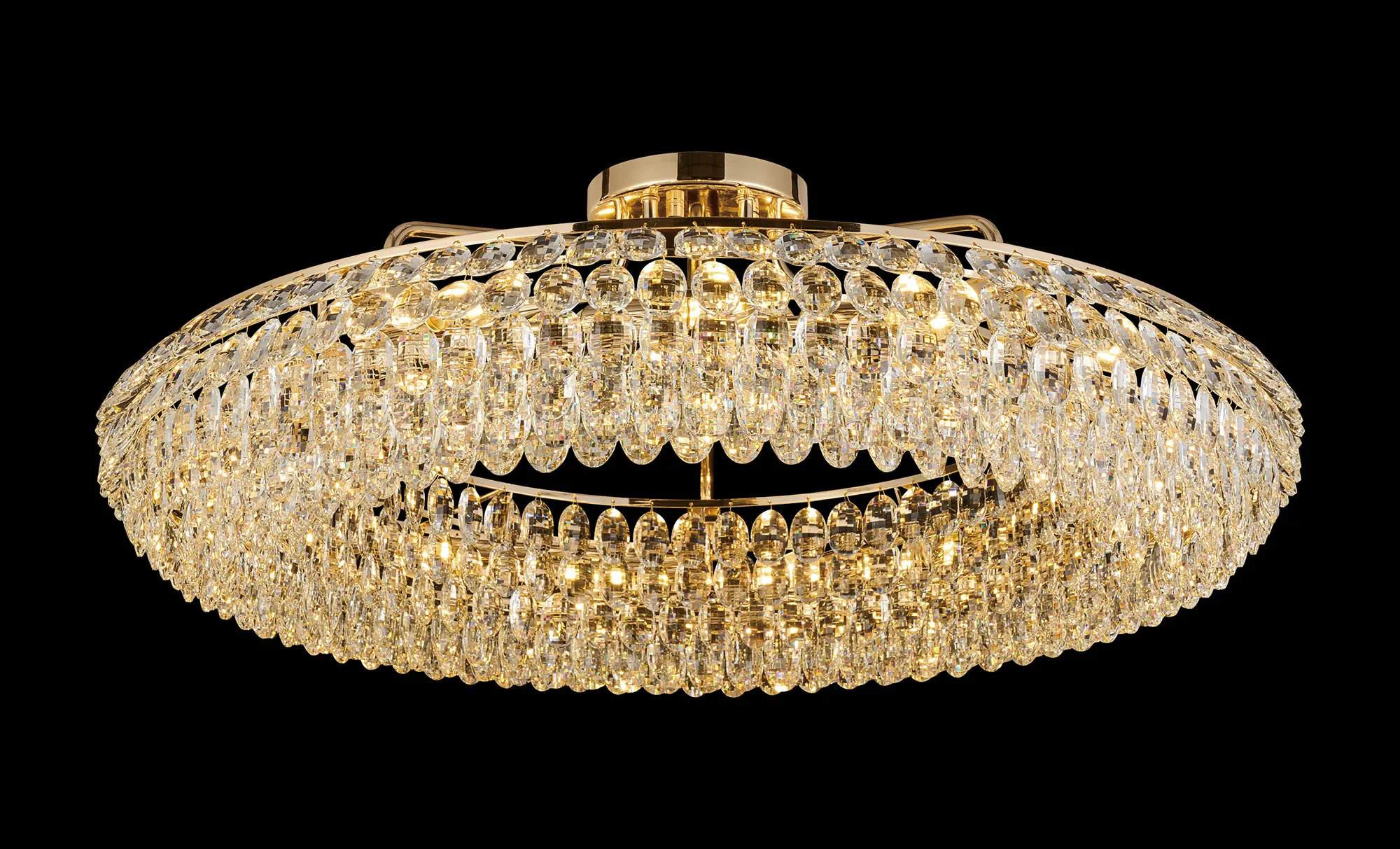 IL32933FG  Coniston 95cm Semi Flush Ring Ceiling, 15 Light E14, French Gold/Crystal Item Weight: 26kg